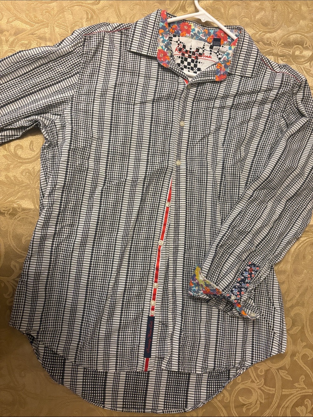 Men's Black & White Striped Button-Up Shirt with Floral Trim